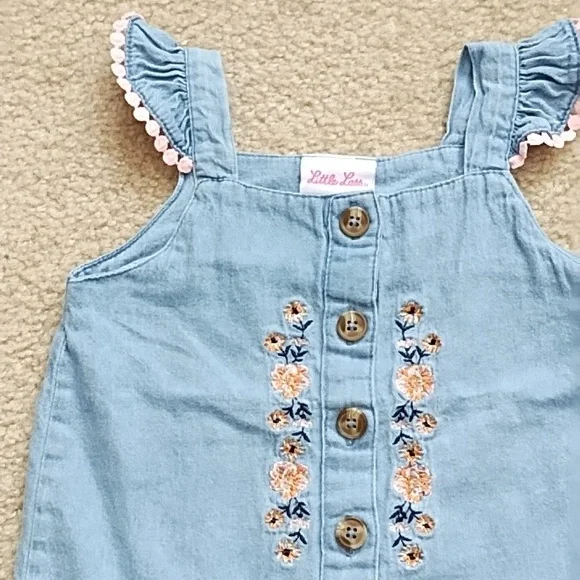 Little Lass Denim Top Girls Size 4T Western Embroidered Ruffles Blue Pink - Picture 2 of 7